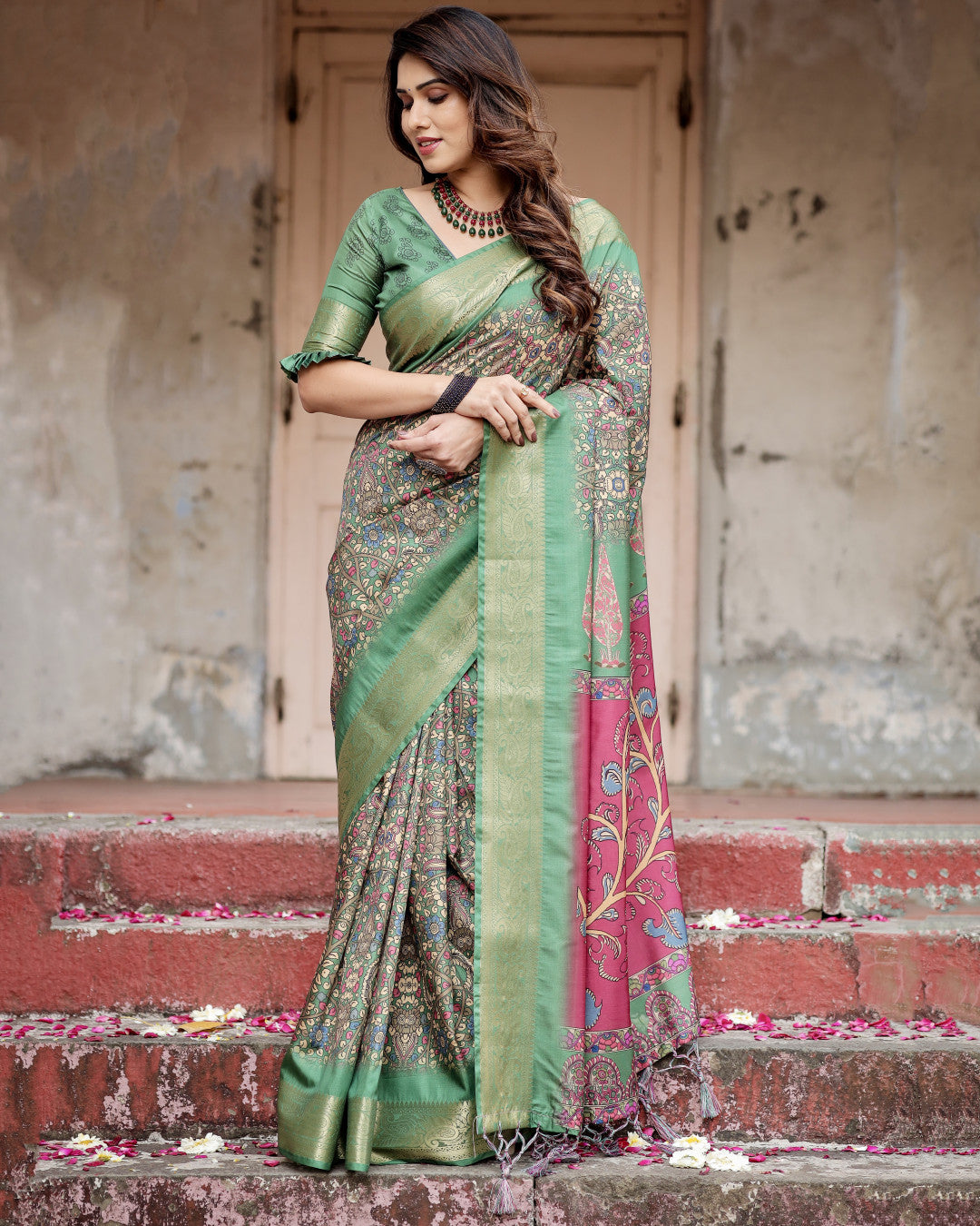 Multi Kalamkari Digital Printed Dola Silk Saree With Gold Zari Border