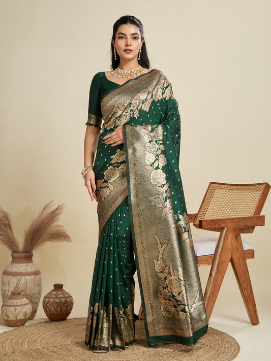 Dark Green Kanjivaram Silk Saree With Zari Weaving Border & Designer Rich Pallu