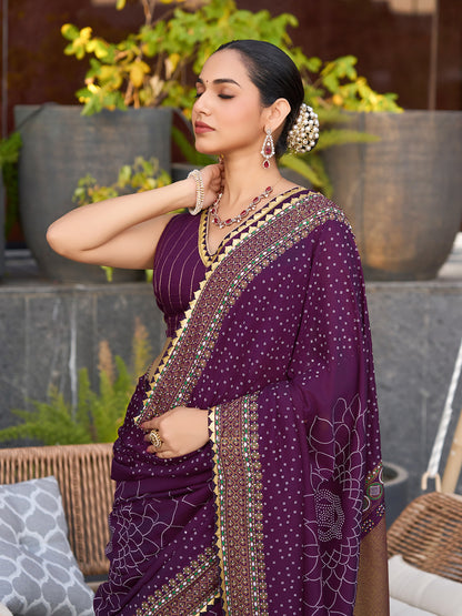 Wine Stylist Soft Cotton Saree With Unique Table Printed & Lace Border