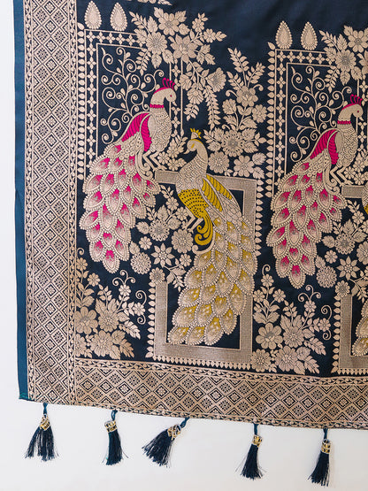 Navy Blue Soft Satin Silk Saree With Zari Weaving Work And Paithani Pallu