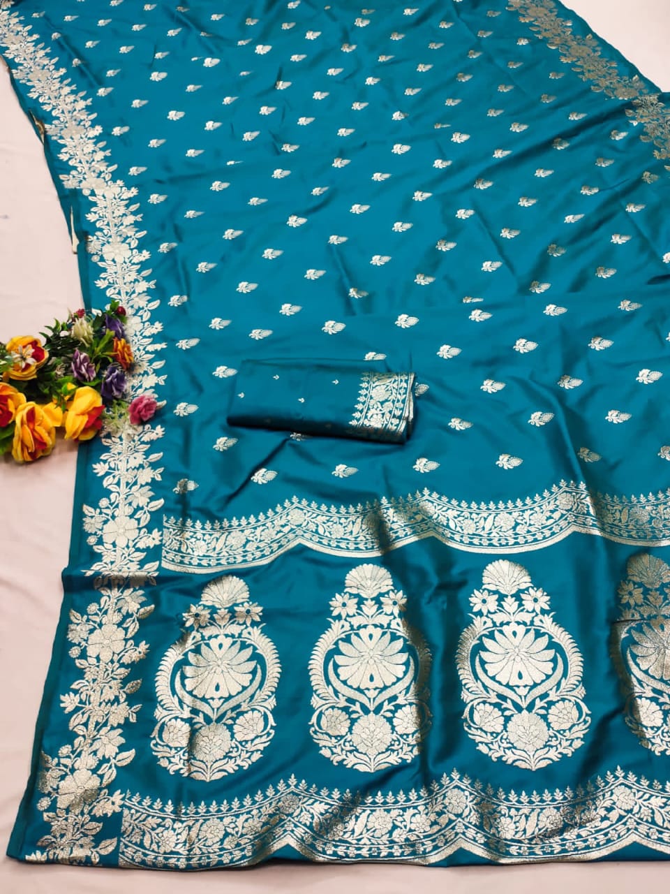 Firoji Soft Banarasi Silk Saree With Zari Weaving Work