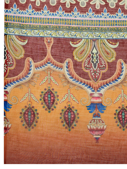 Maroon Linen Cotton Saree With Digital Printed Work And Silver Zari Border
