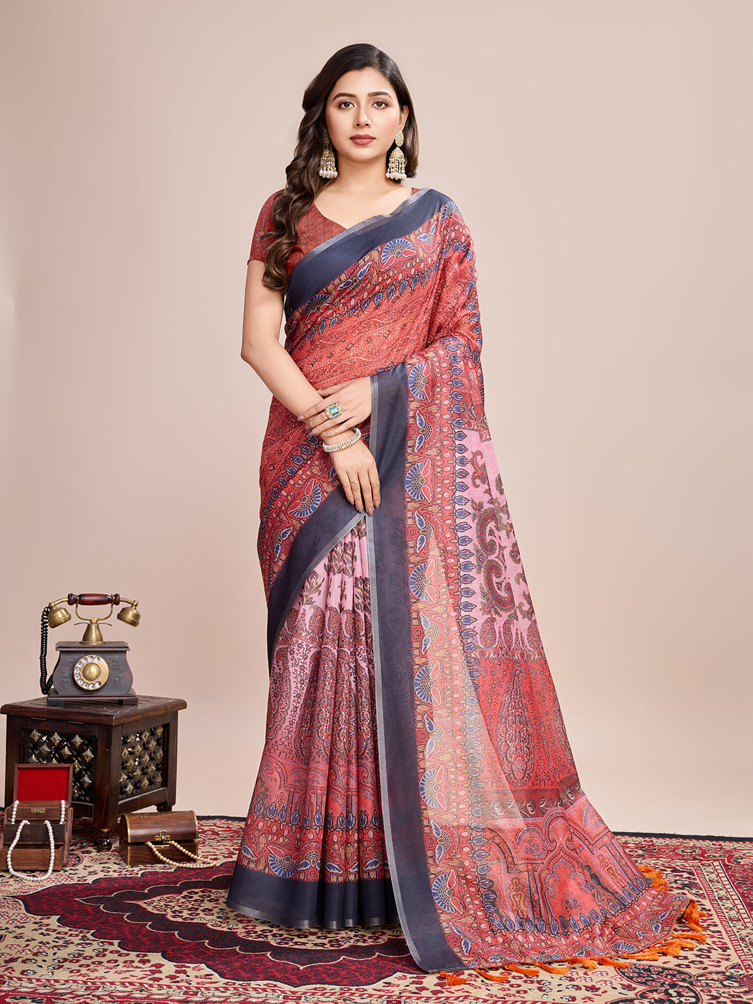 Multi Soft Linen Cotton Saree With Kalamkari Printed Work