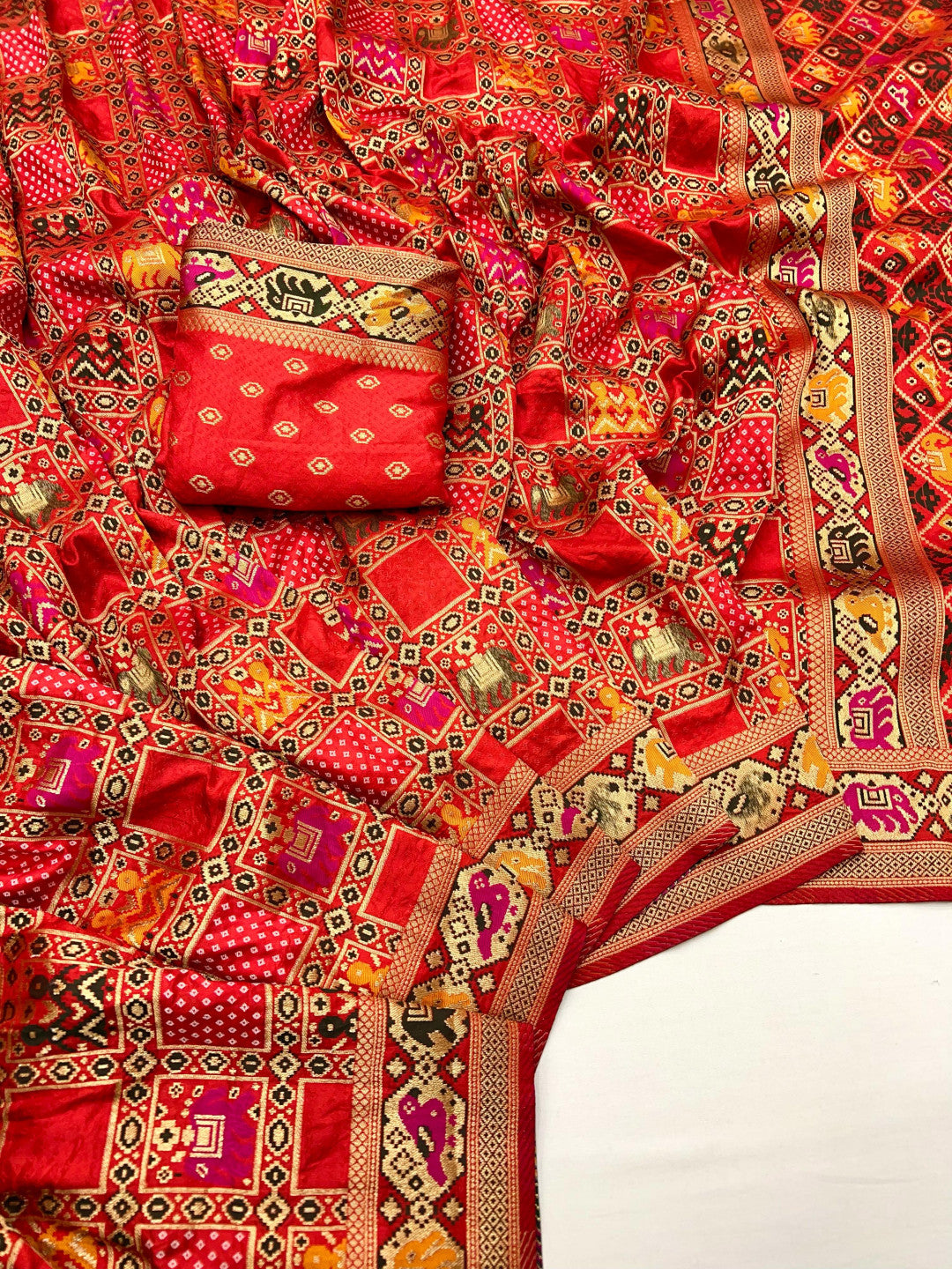 Red Traditional Patola Silk Saree With Meenakari Zari Weaving Work