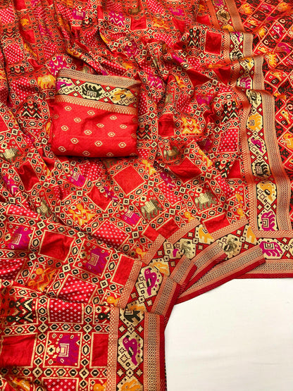 Red Traditional Patola Silk Saree With Meenakari Zari Weaving Work