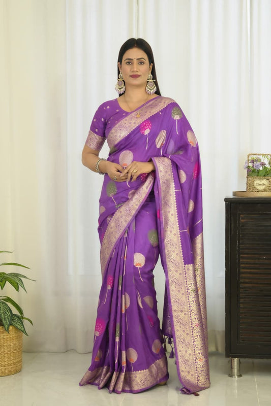 Lavender Khaddi Georgette Banarasi Saree With Meenakari Weaving Work