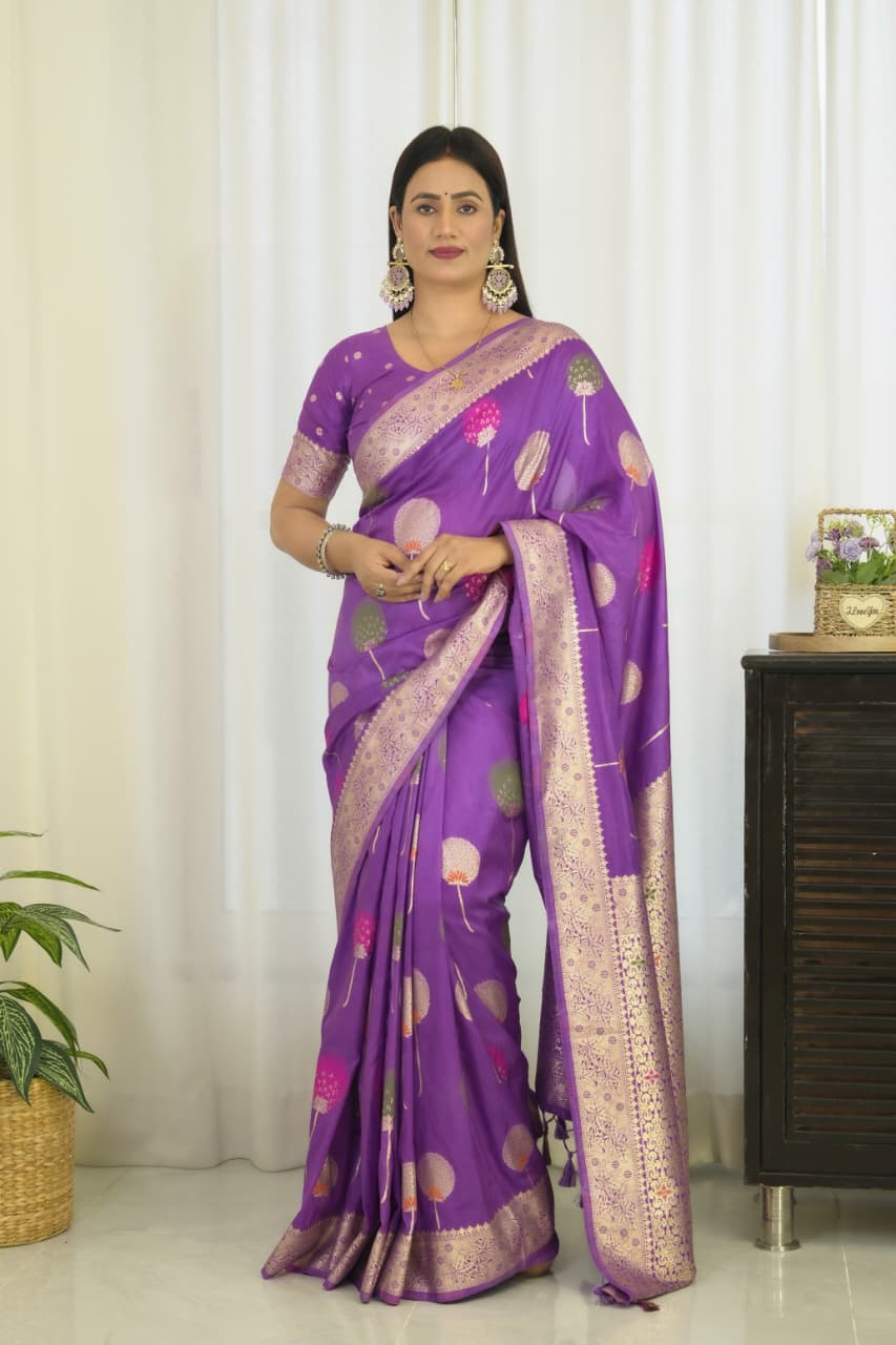Lavender Khaddi Georgette Banarasi Saree With Meenakari Weaving Work