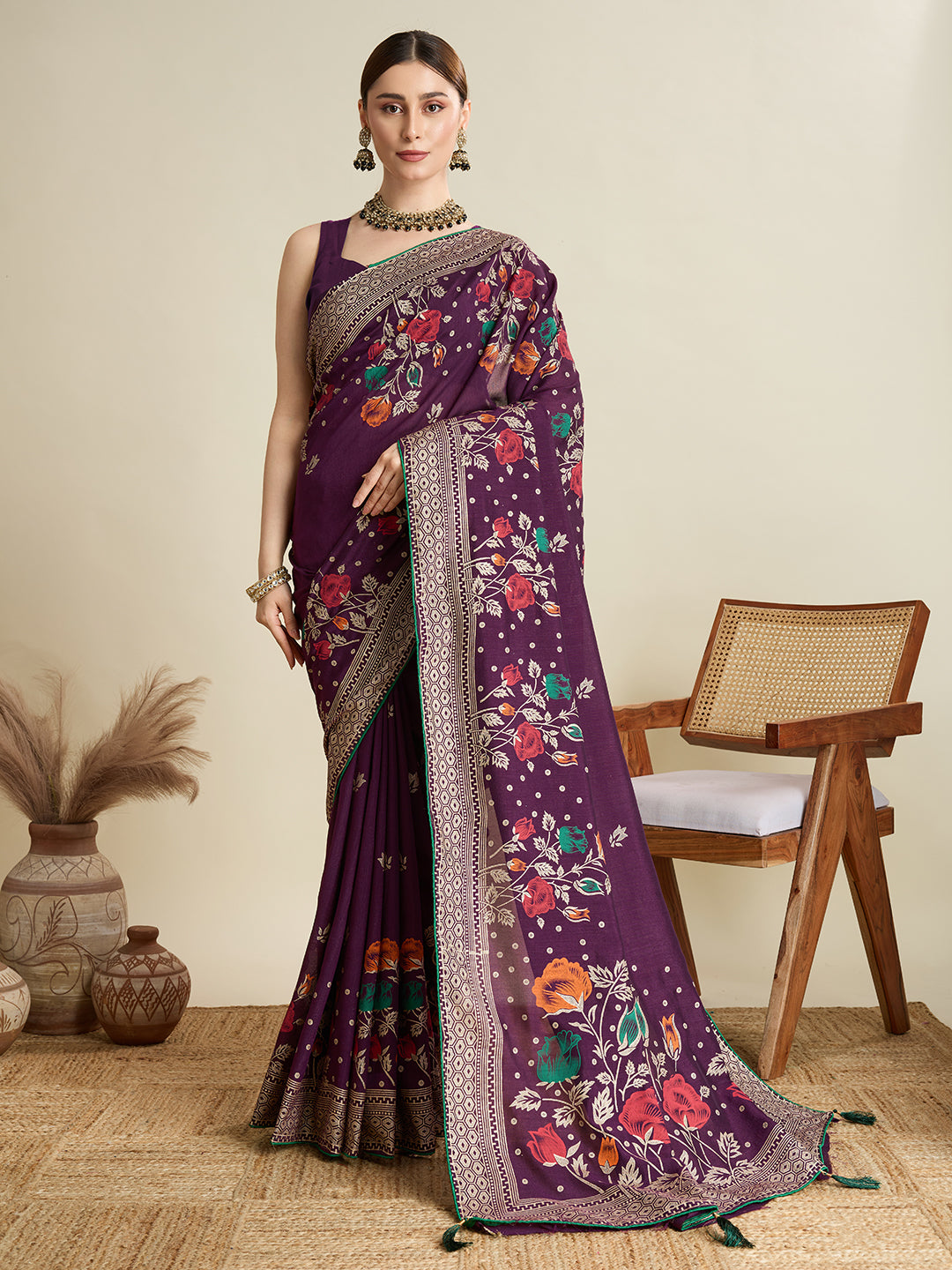 Wine Cotton Saree With Table Printed And Foil Work With Pipeing Border