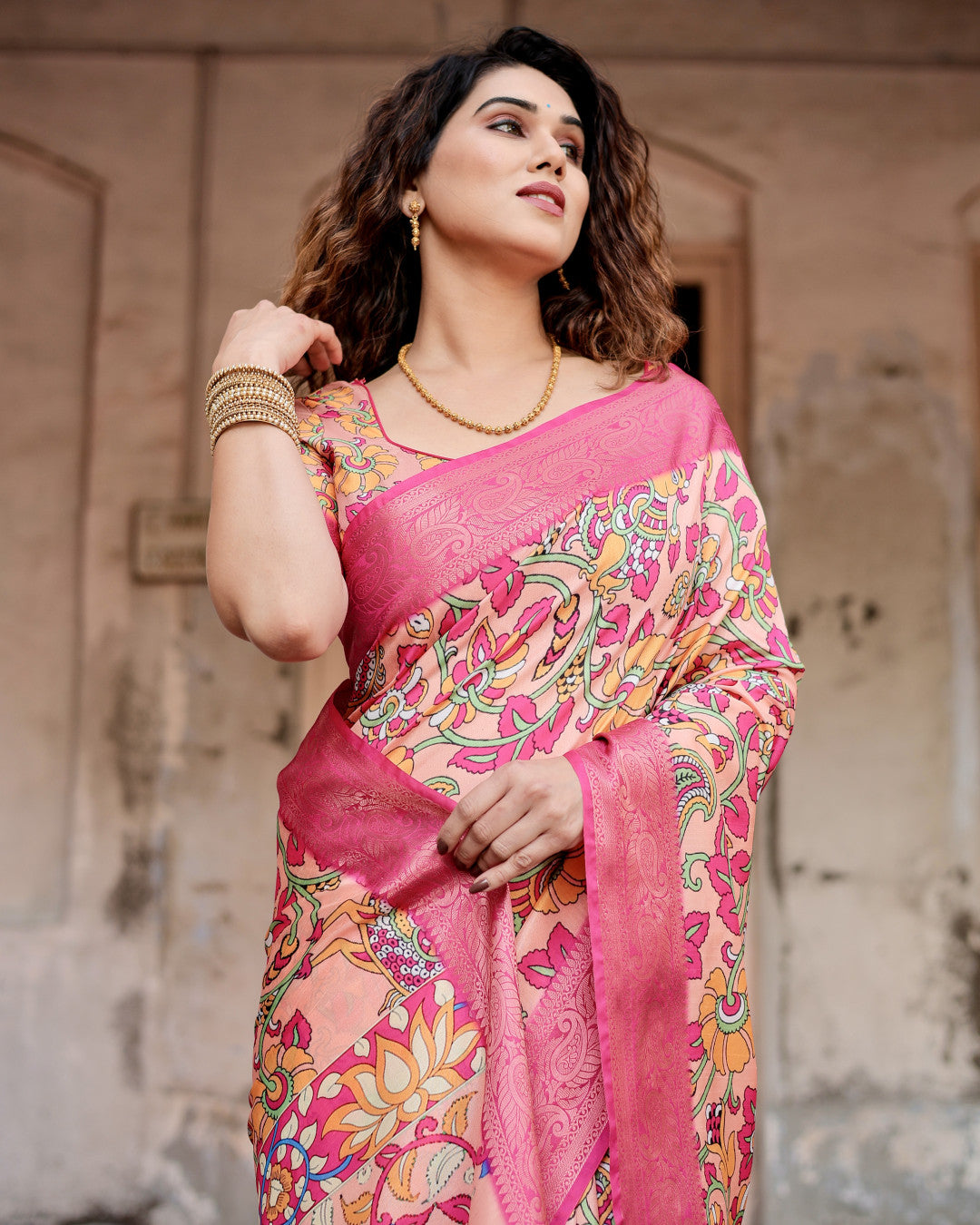 Multi Kalamkari Digital Printed Dola Silk Saree With Gold Zari Border