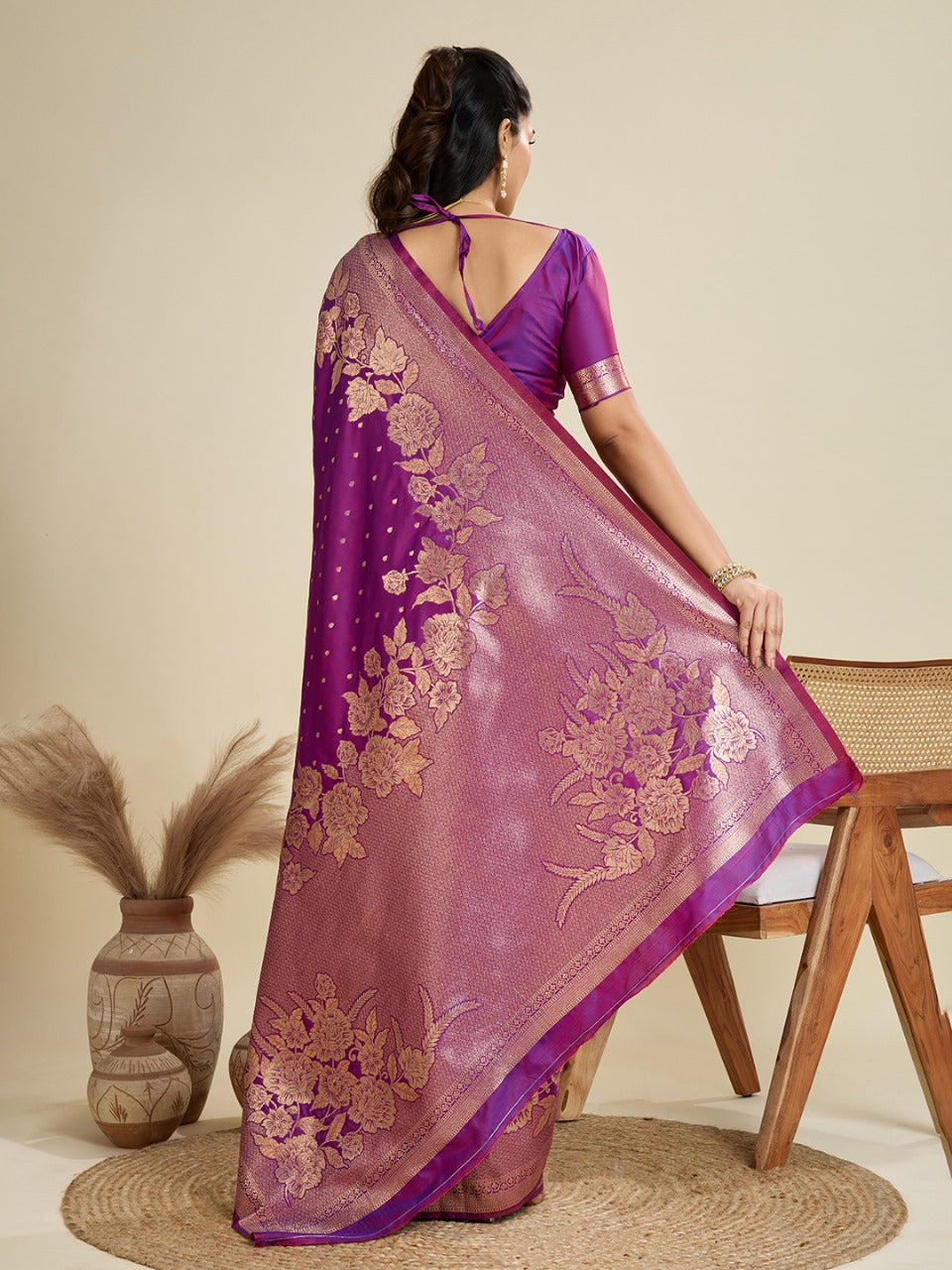 Purple Kanjivaram Silk Saree With Zari Weaving Border & Designer Rich Pallu