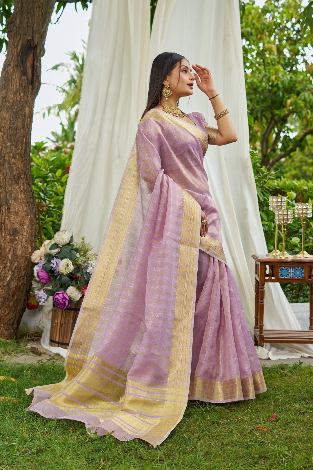 Lavender Colour Linen Cotton Saree With Zari Weaving Border