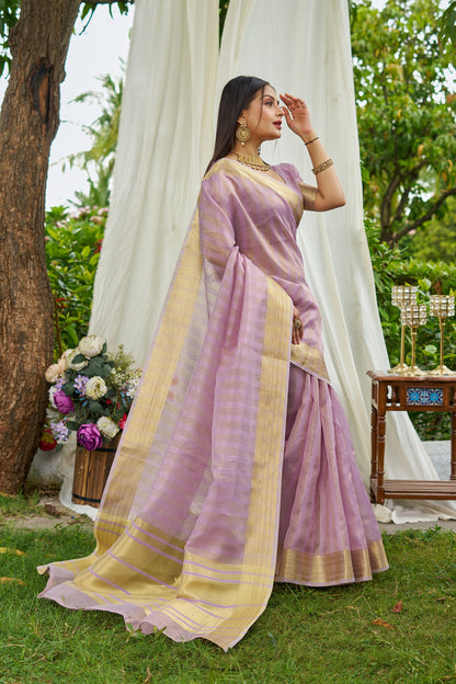 Lavender Colour Linen Cotton Saree With Zari Weaving Border