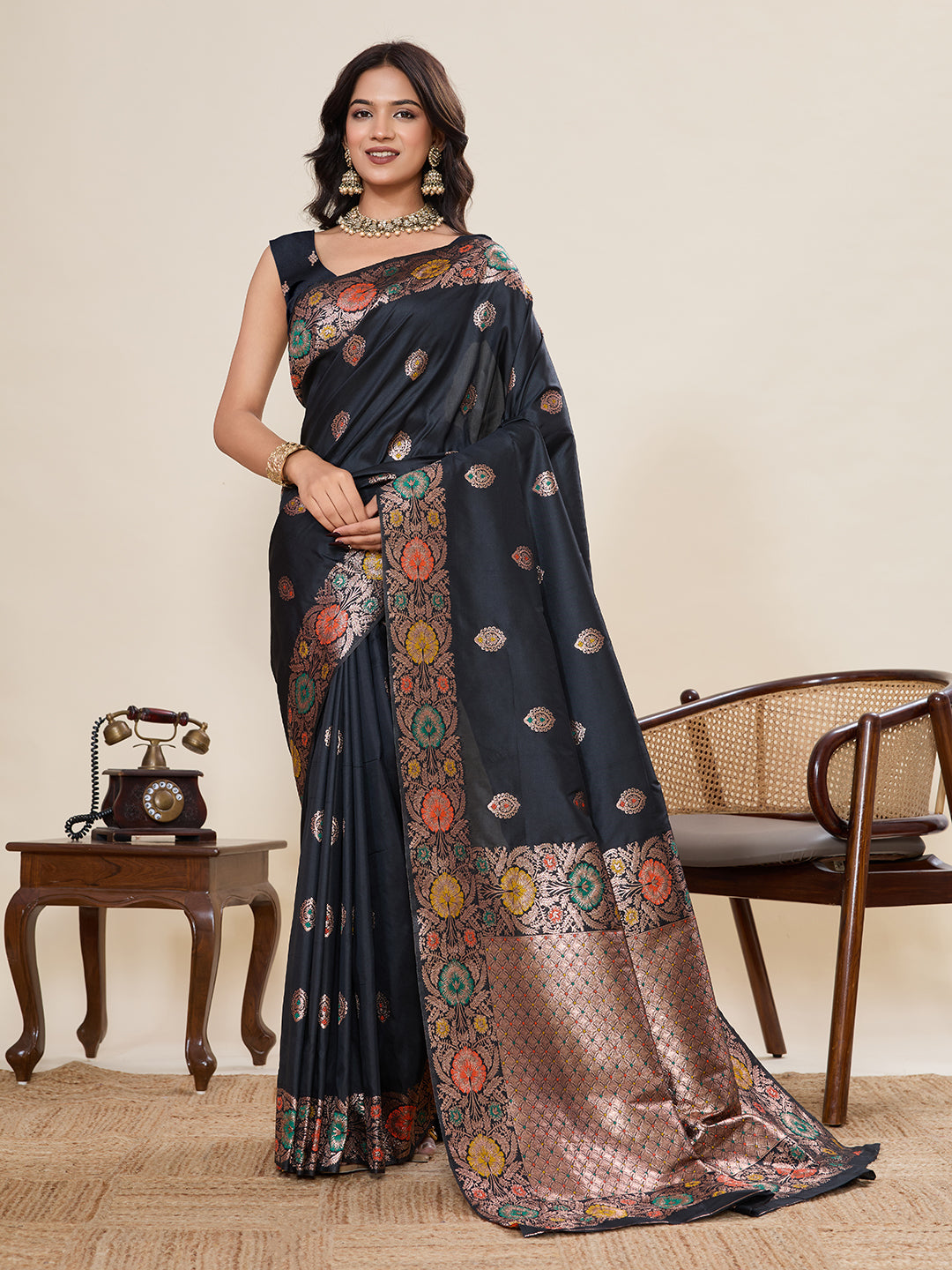 Traditional Black Color Jacquard Silk Saree With Zari Work