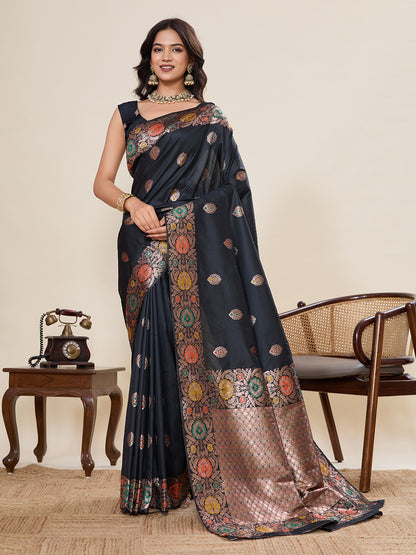 Traditional Black Color Jacquard Silk Saree With Zari Work