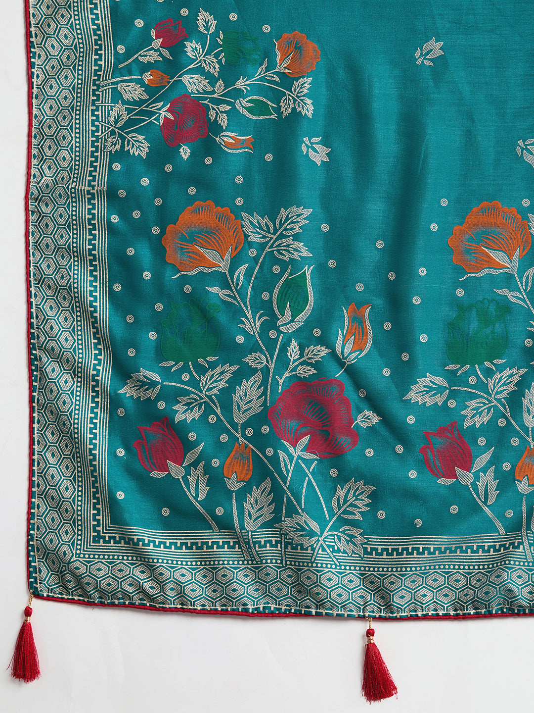 Rama Green Cotton Saree With Table Printed And Foil Work With Pipeing Border