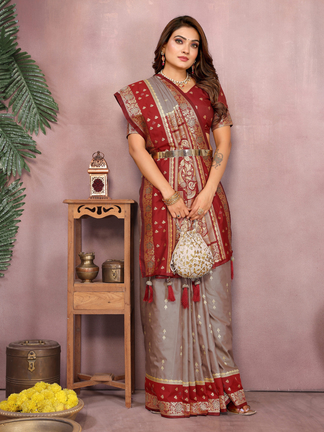 Gray Traditional Banarasi Silk Saree With Zari Weaving Work