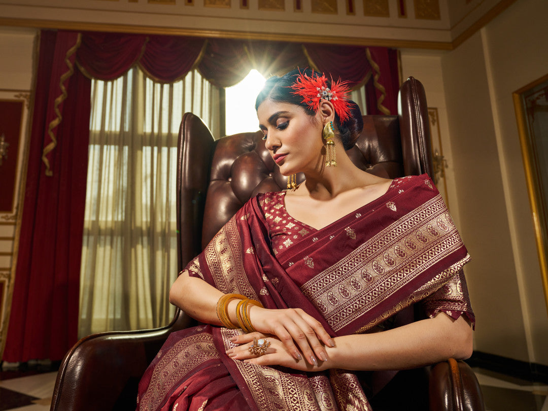 Maroon Banarasi Silk Blend Zari Woven Work