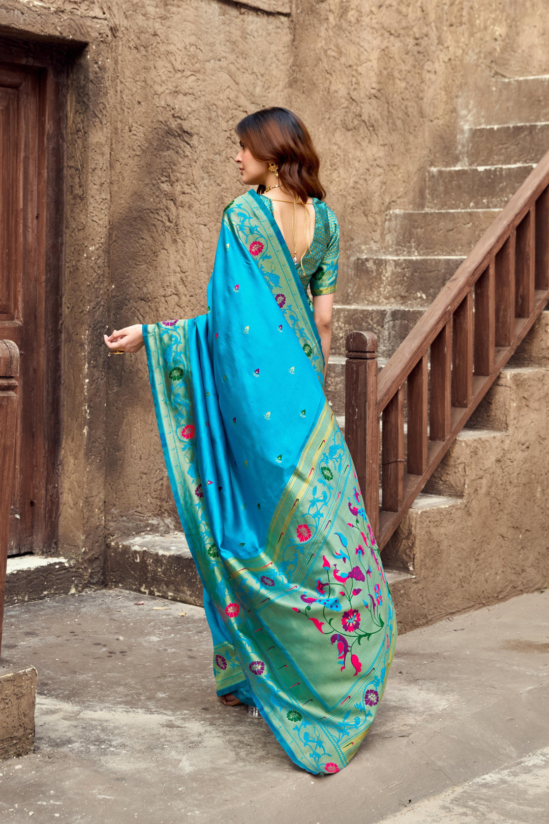 Traditional Blue Paithani Silk Saree With Zari Weaving Work