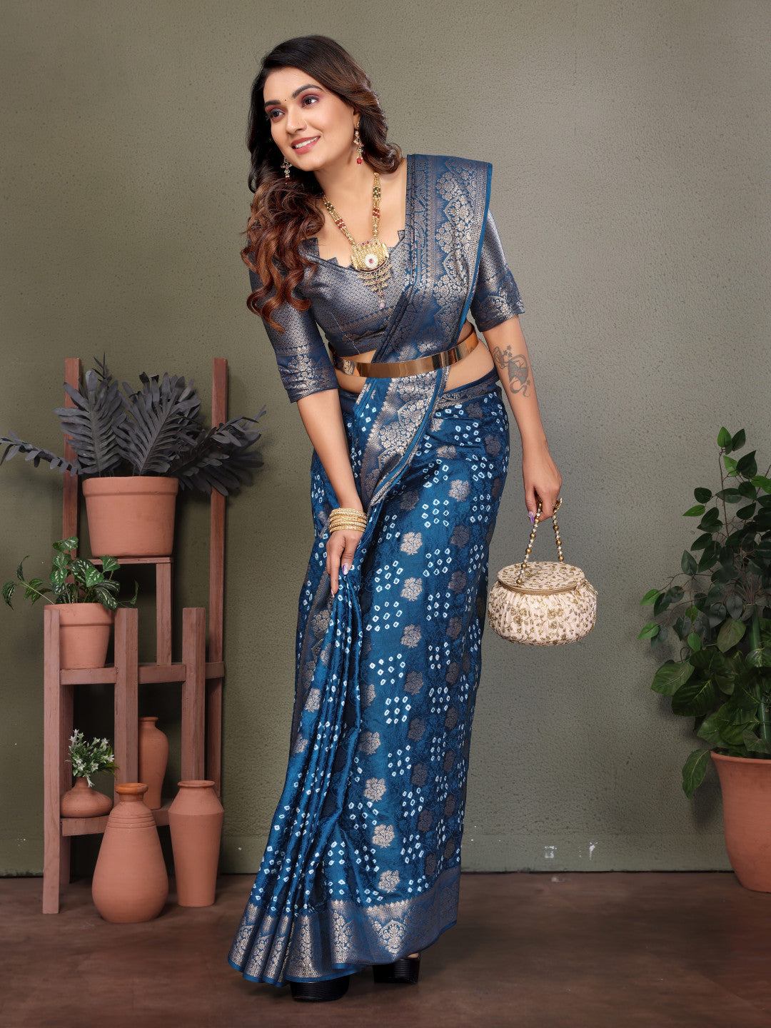 Firoji Premium Bandhej Silk Saree With Zari Weaving Work