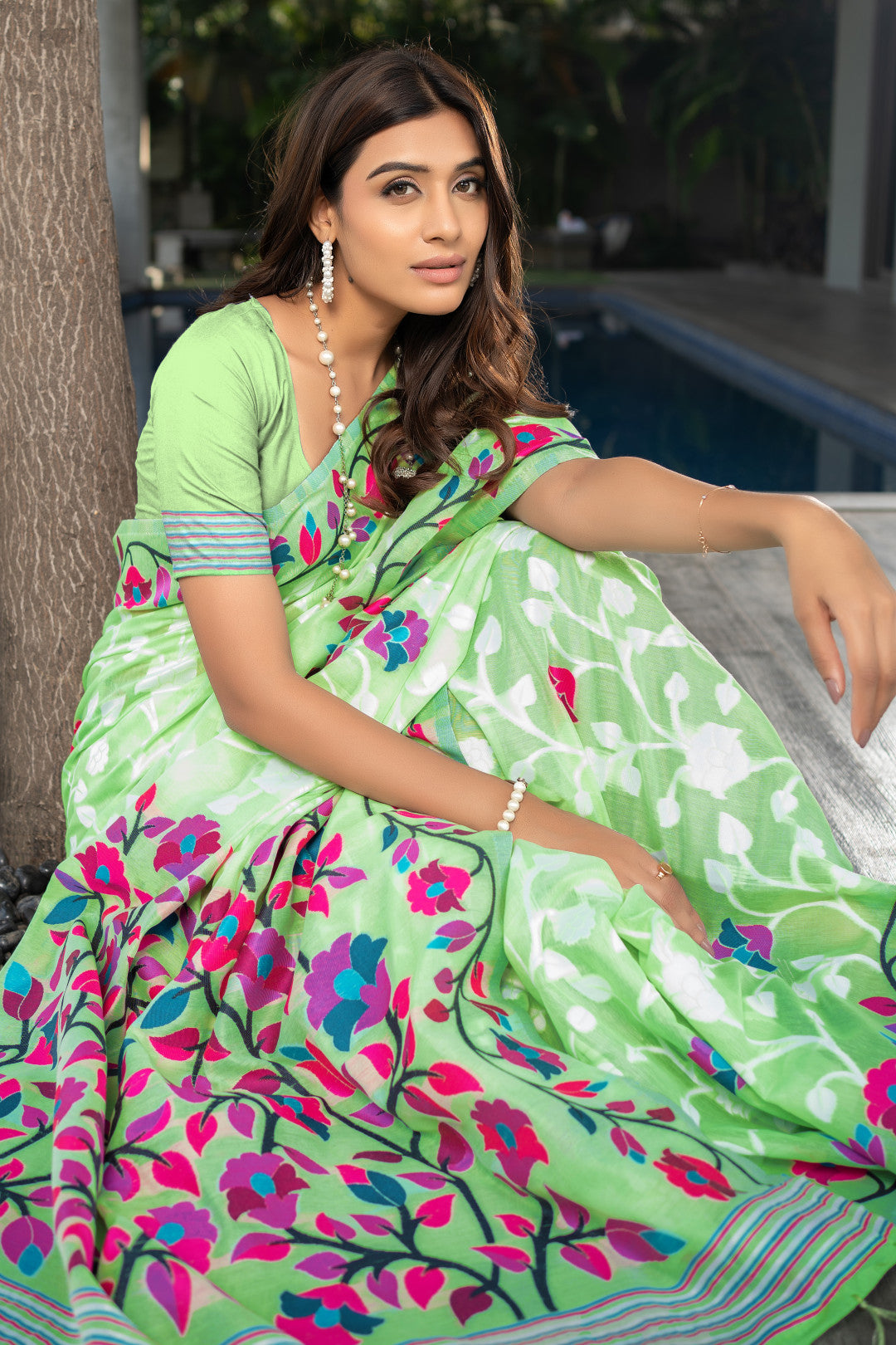 Parrot Green Color Soft Jamdani Cotton Saree With Woven Design