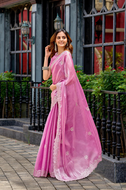 Baby Pink Fancy Shimmer Chiffon Saree With Embroidery Work