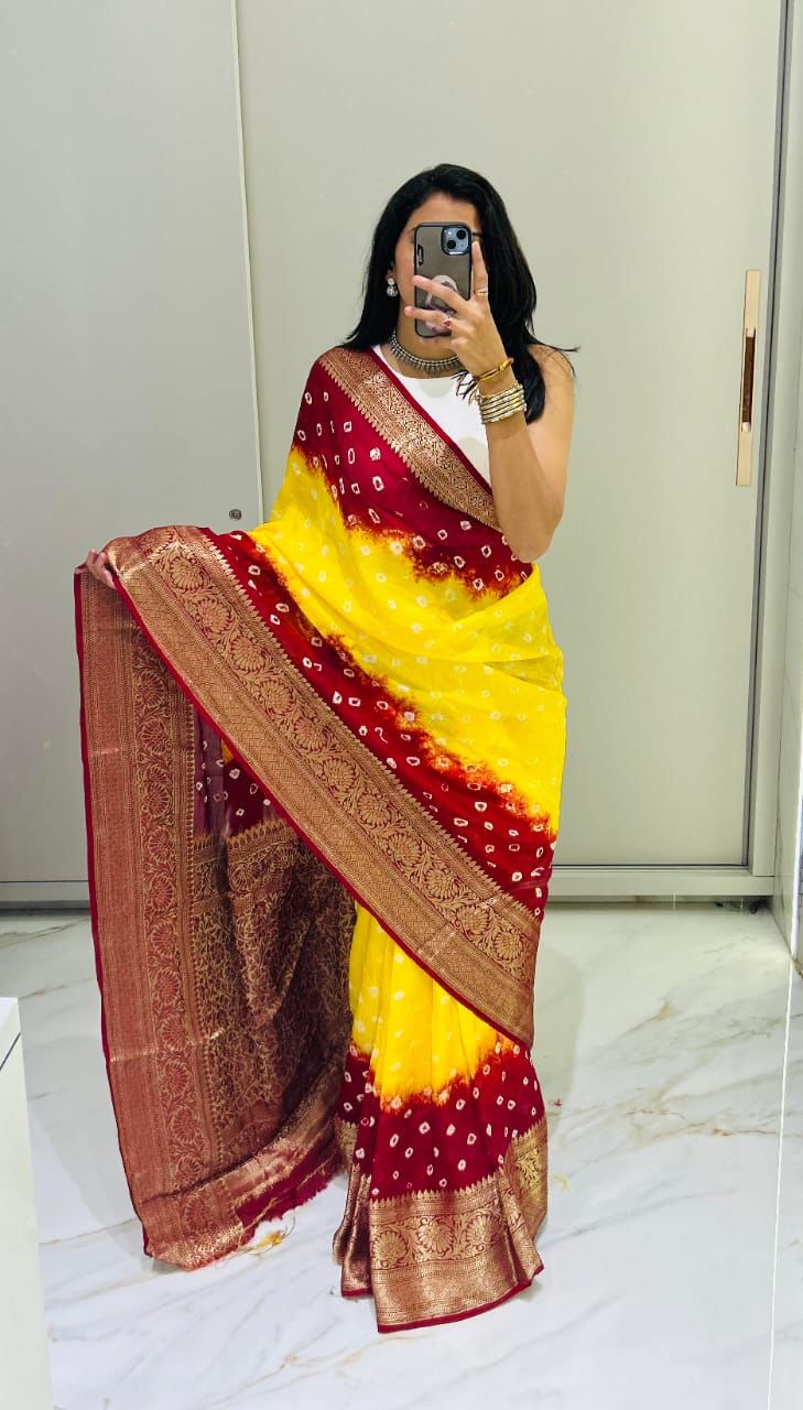 Hand Bandhej Bandhani Saree With Zari Border
