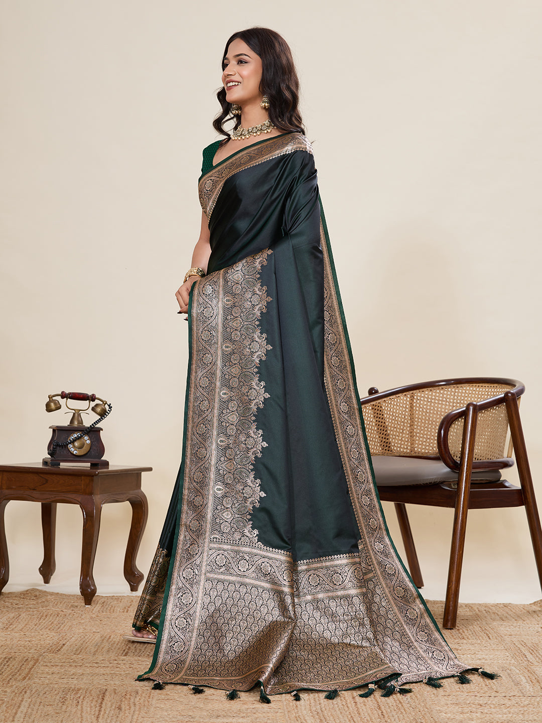Green Soft Satin Silk Saree With Gala Border And Zari Weaving Work