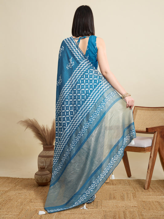 Firoji Batik Printed Soft Cotton Saree With Sequence Work