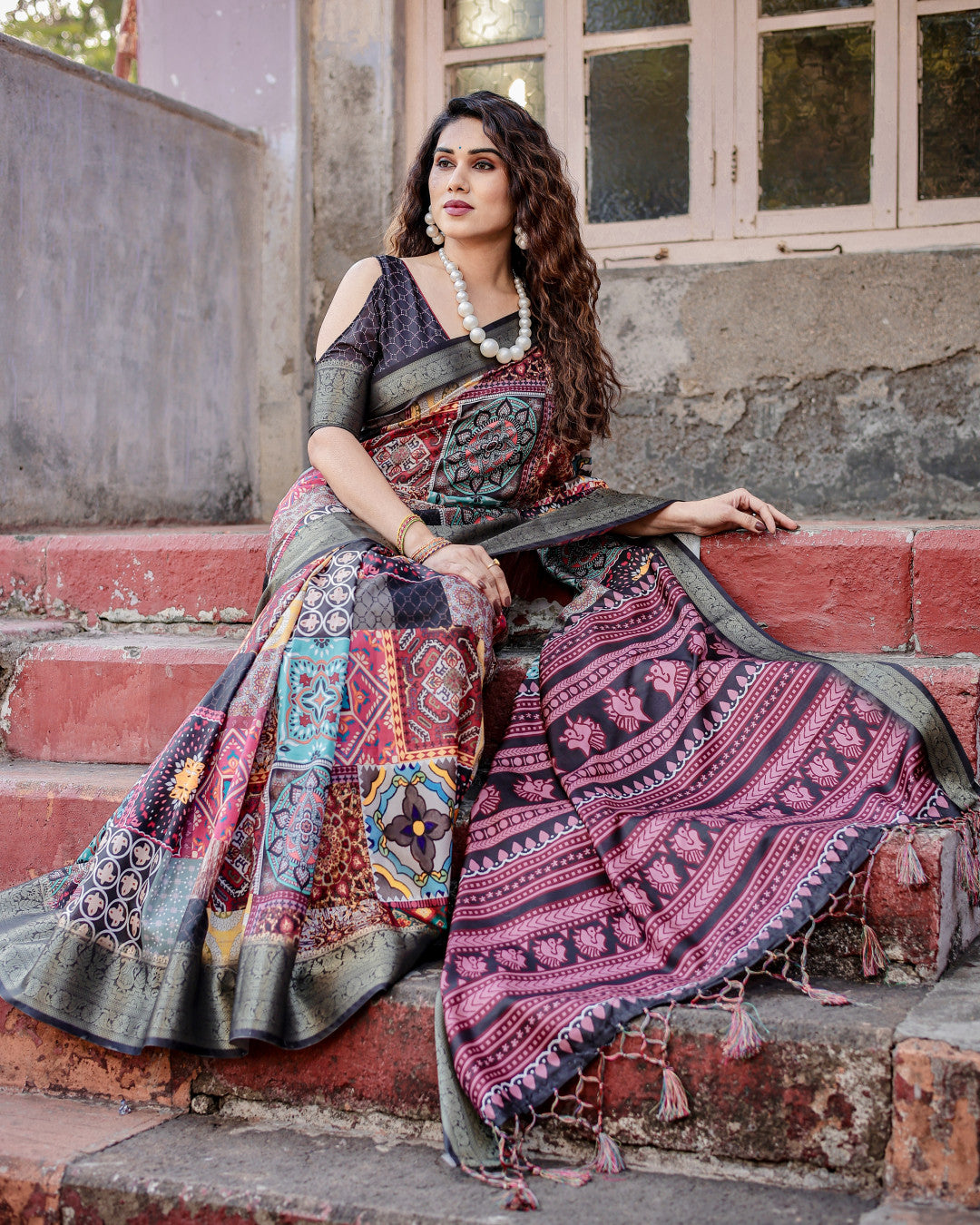 Multi Digital Kalamkari Printed Tussar Silk Saree With Zari Motif Border