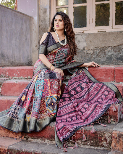Multi Digital Kalamkari Printed Tussar Silk Saree With Zari Motif Border