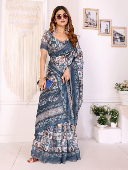 Multi Colour Chanderi Cotton Saree With Digital Printed Work