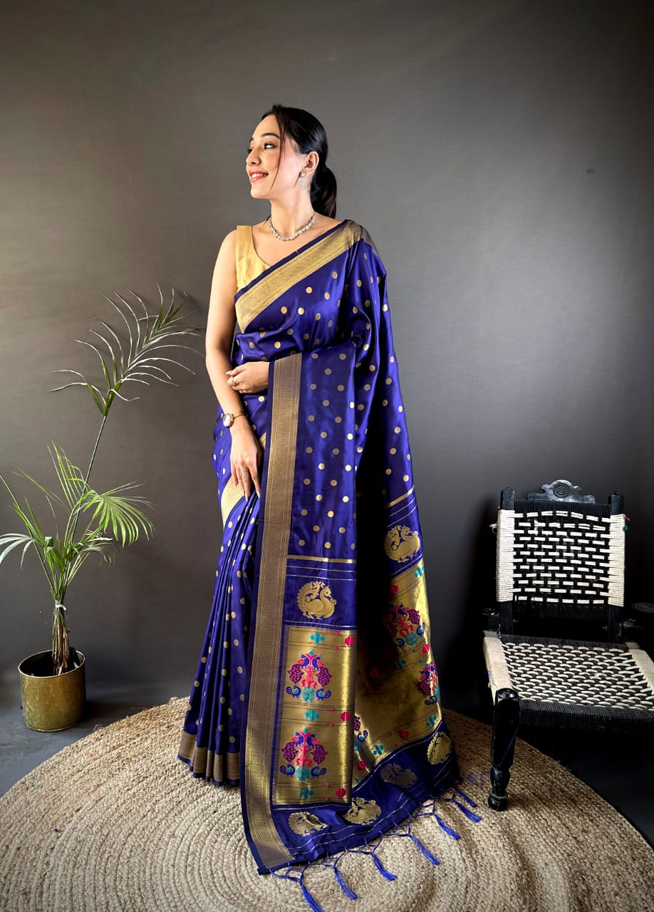 Navy Blue Traditional Paithani Silk Saree With Zari Weaving Work