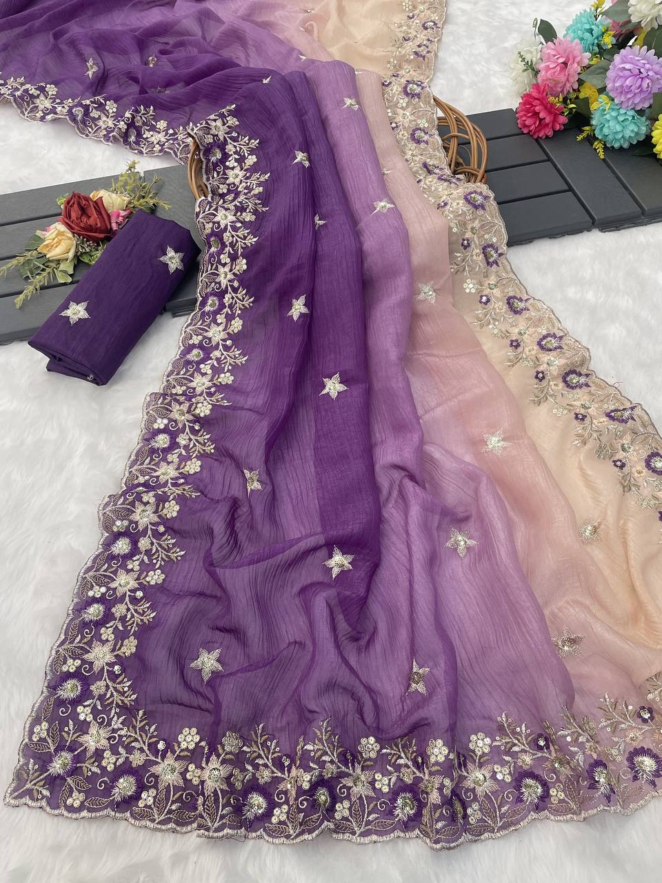 Multi Fancy Crunchy Silk Saree With Embroidery And Sequence Work