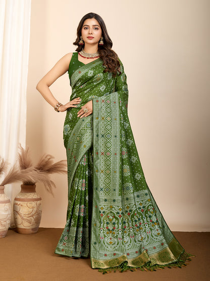 Mahendi Green Traditional Muslin Dola Silk Saree With Meenakari Zari Weaving Work