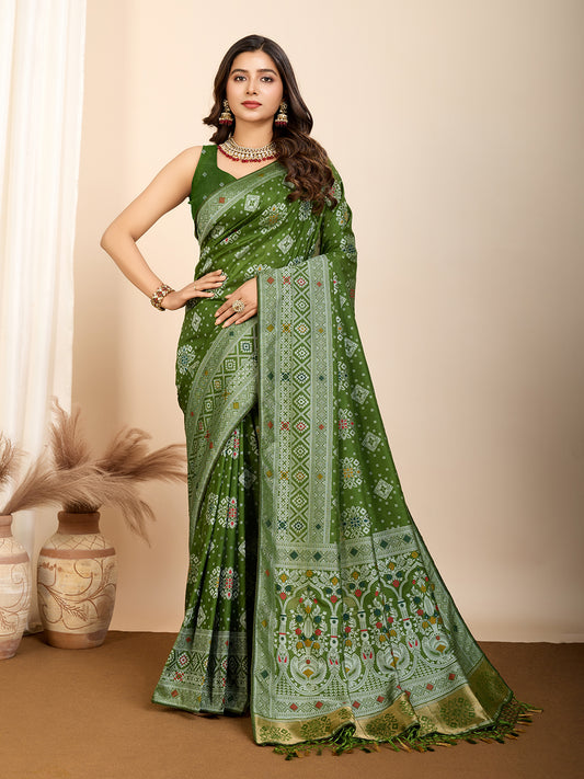 Mahendi Green Traditional Muslin Dola Silk Saree With Meenakari Zari Weaving Work