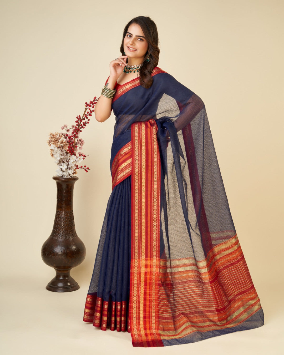 Navy Blue Color Doriya Cotton Saree With Woven Design
