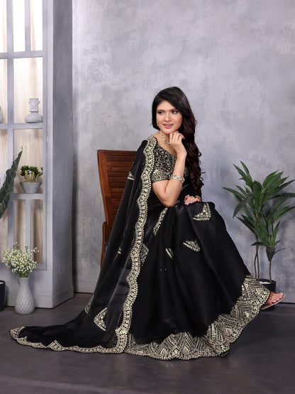 Black Fancy Shimmer Chiffon Saree With Embroidery Work