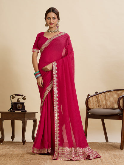 Rani Pink Soft Vichitra Silk Saree With Embroidery Work