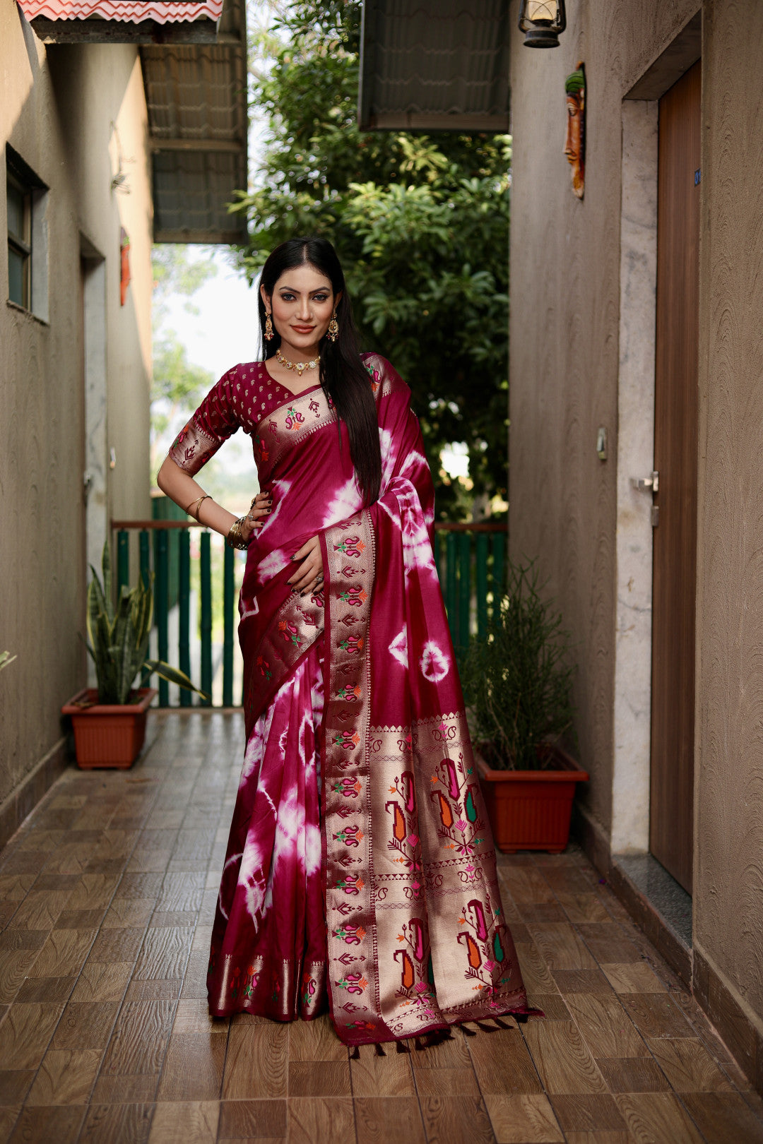 Magenta Color Soft Dola Silk Saree With Shibori Print & Zari Weaving Work