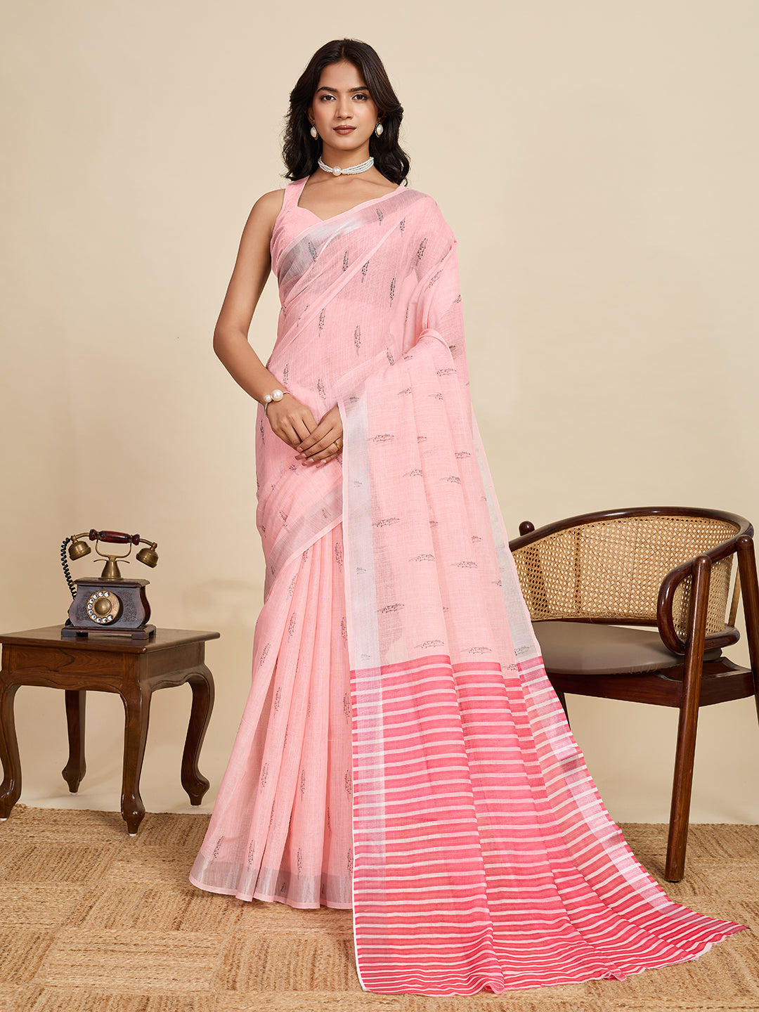 Baby Pink Linen Cotton Saree With Digital Printed Work And Silver Zari Border