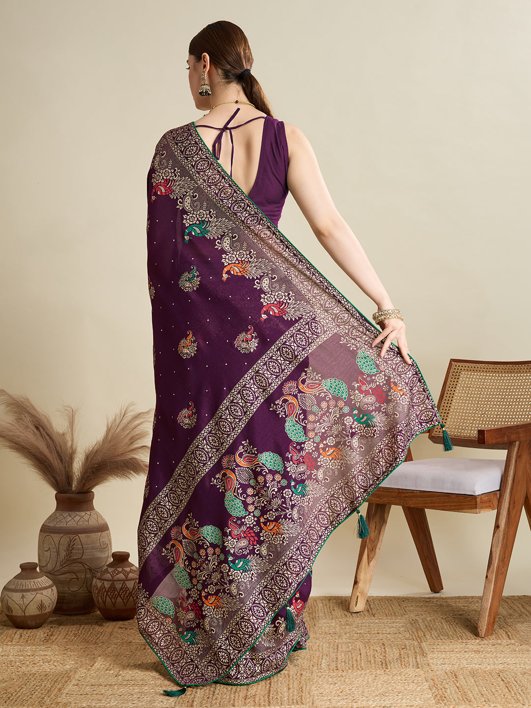Wine Cotton Saree With Table Printed And Foil Work With Pipeing Border