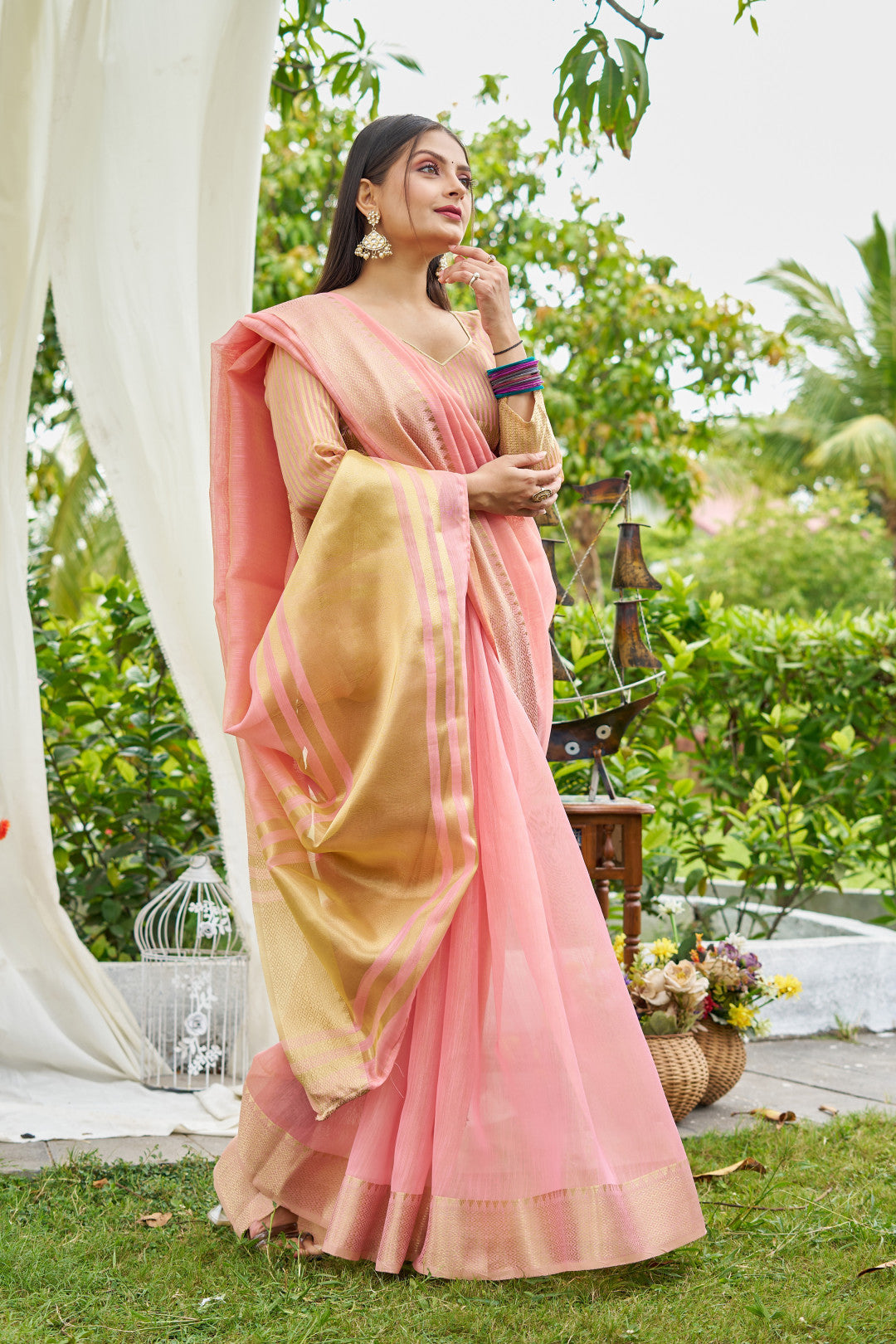 Pink Color Linen Cotton Saree With Zari Weaving Border