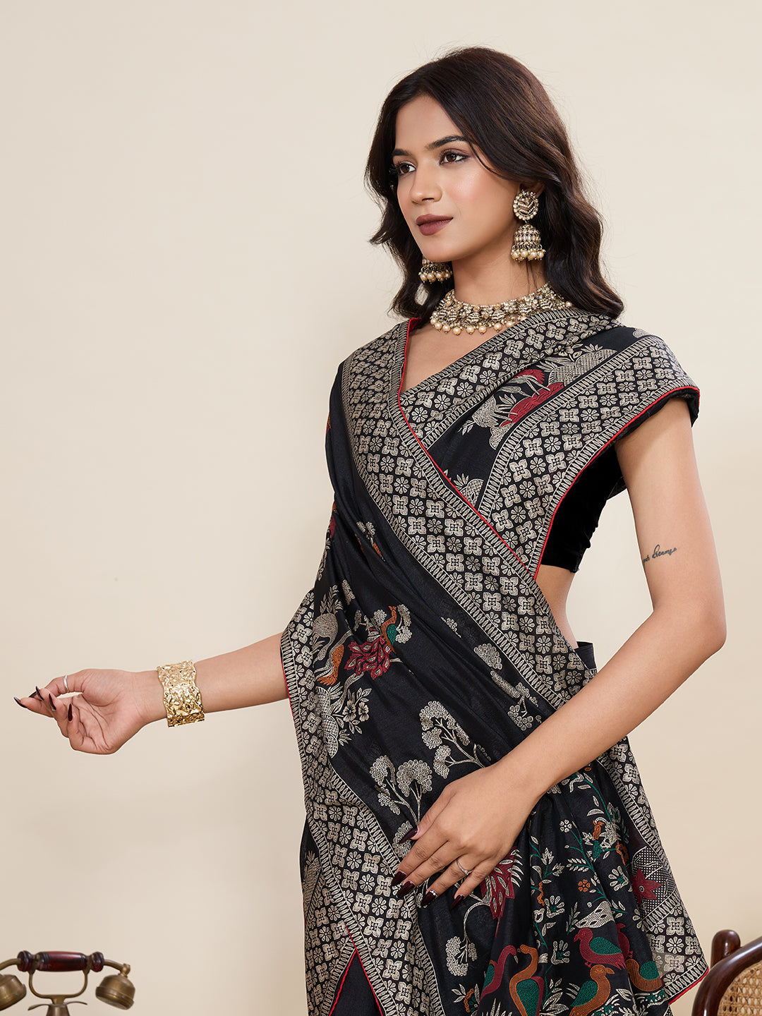 Black Cotton Saree With Table Printed And Foil Work With Pipeing Border