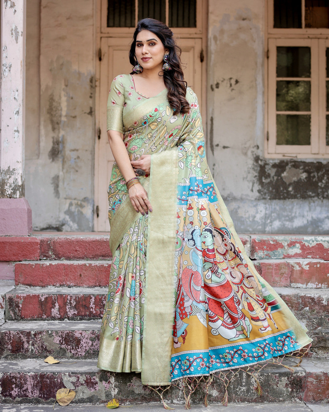 Pista Green Kalamakari Digital Printed Tussar Silk Saree With Zari Motif Border
