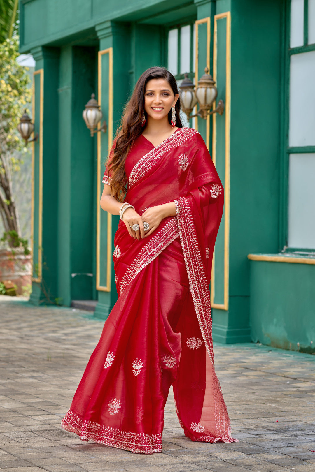 Red Fancy Shimmer Chiffon Saree With Embroidery Work
