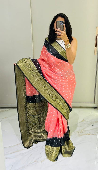 Hand Bandhej Bandhani Saree With Zari Border