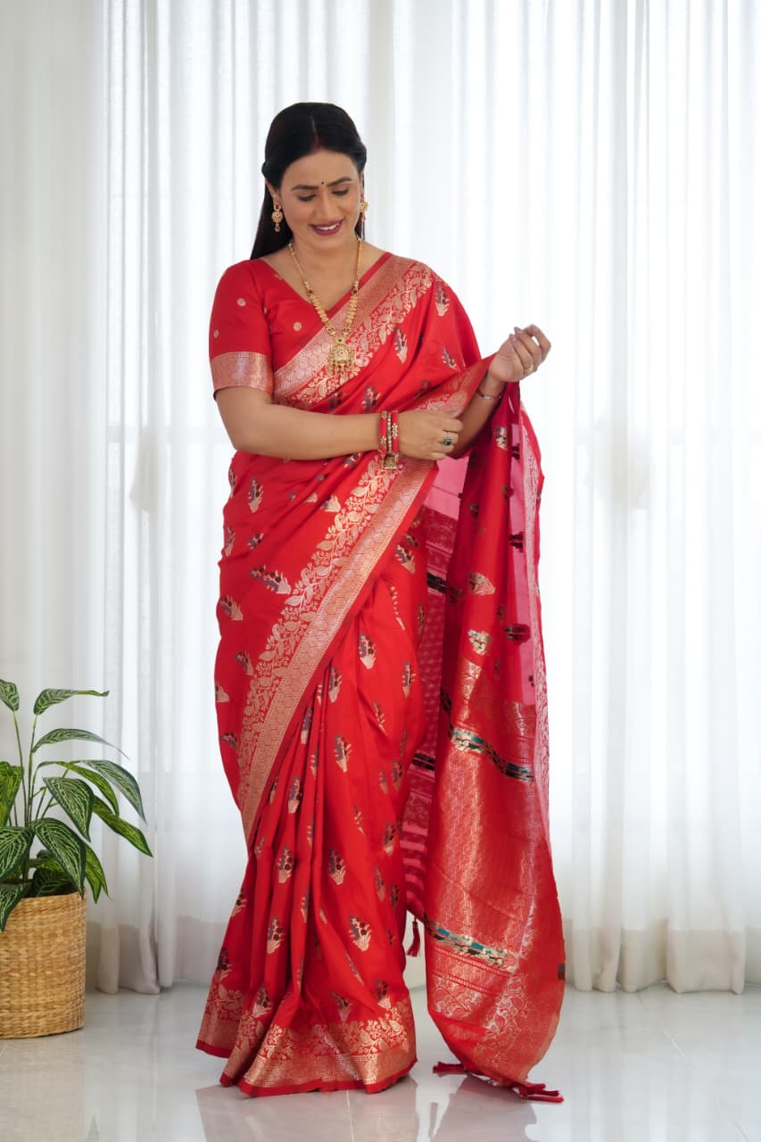 Red Pure Soft Banarasi Saree With Meenakari Weaving Work