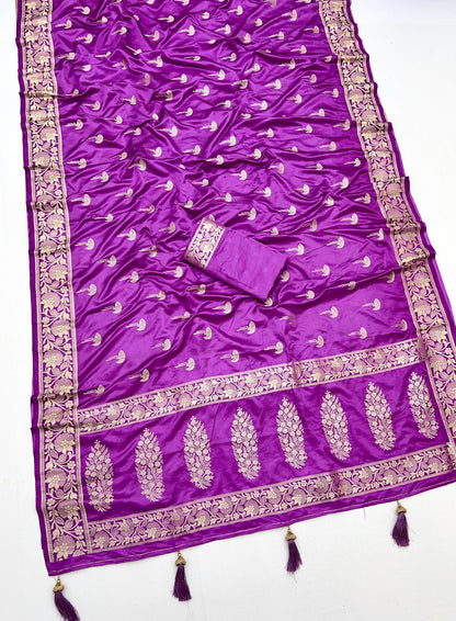 Magenta Color Soft Viscose Satin Silk Saree With Zari Weaving Work