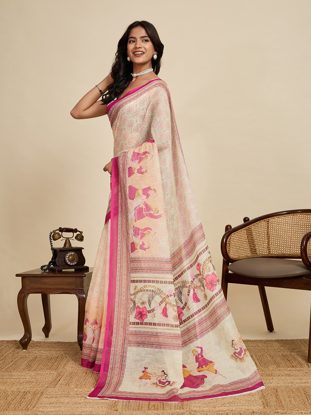 Off White Linen Cotton Saree With Digital Printed Work And Silver Zari Border
