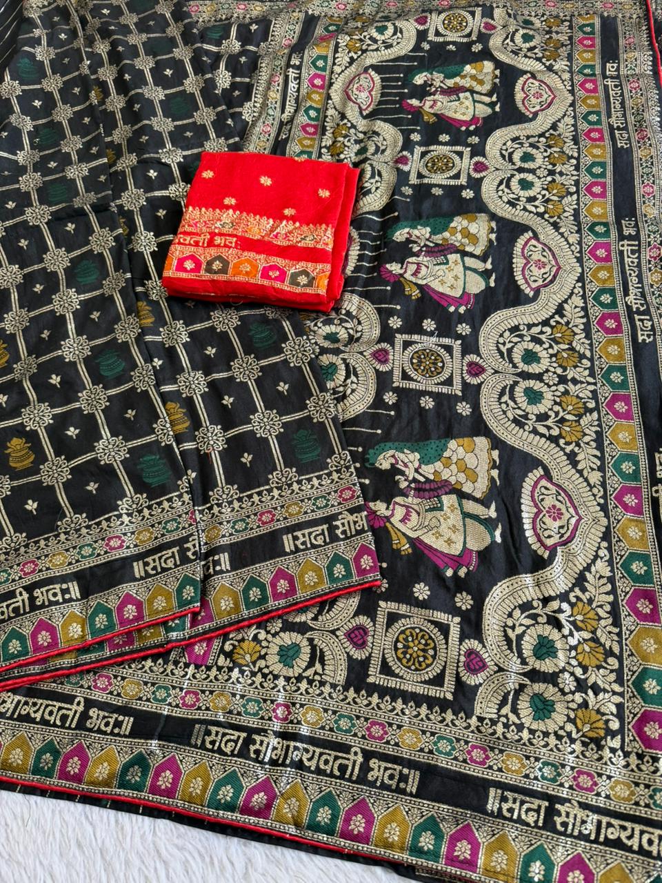 Black Viscose Silk Saree With Meenakari Zari Weaving Work With Contrast Piping